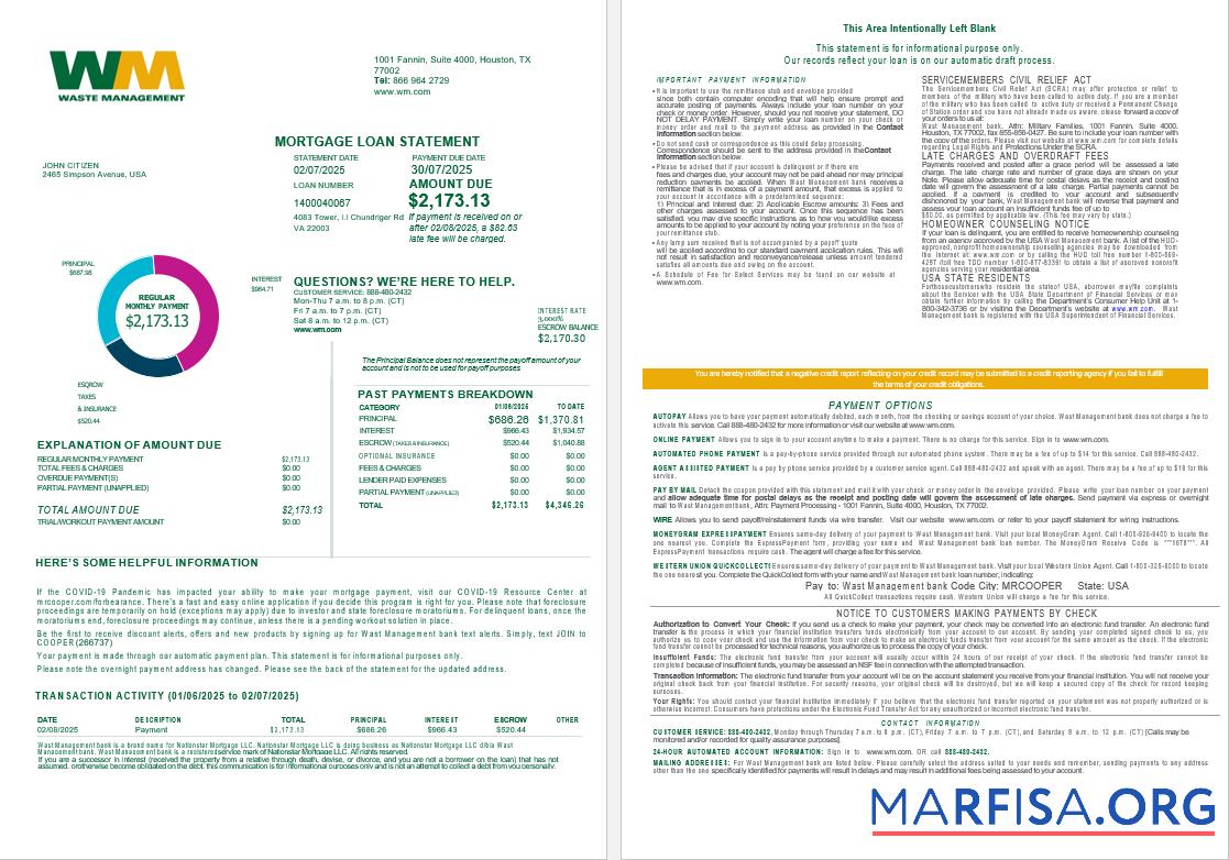 Downloadable USA Waste Management bank mortgage loan statement in Word and PDF formats , 4 pages 1 2 real example